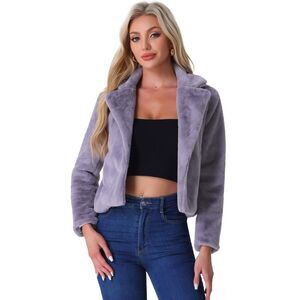 Cropped Jacket Notch Lapel Faux Fur Fluffy Coat Grey Purple